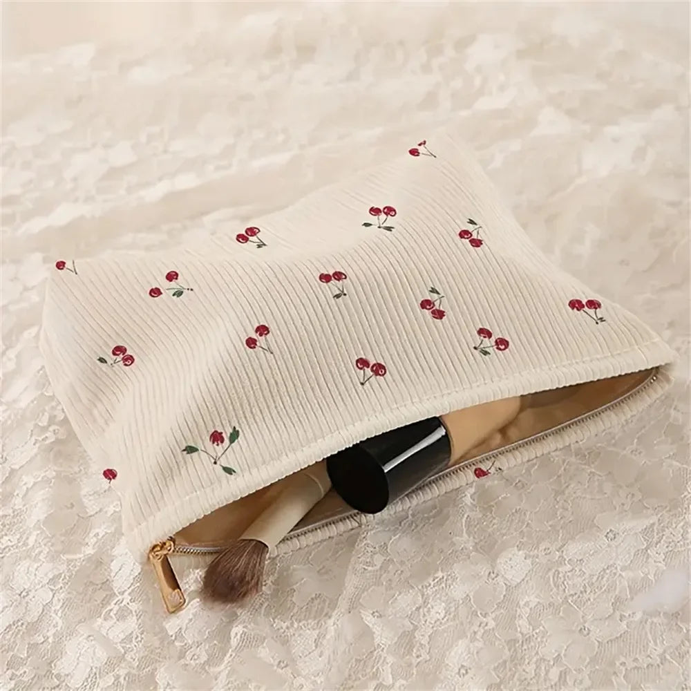 Hand Painted Cherry Corduroy Zipper Makeup Bag Lightweight Travel Toiletry Pouch Bohemian Style Cosmetic Organizer