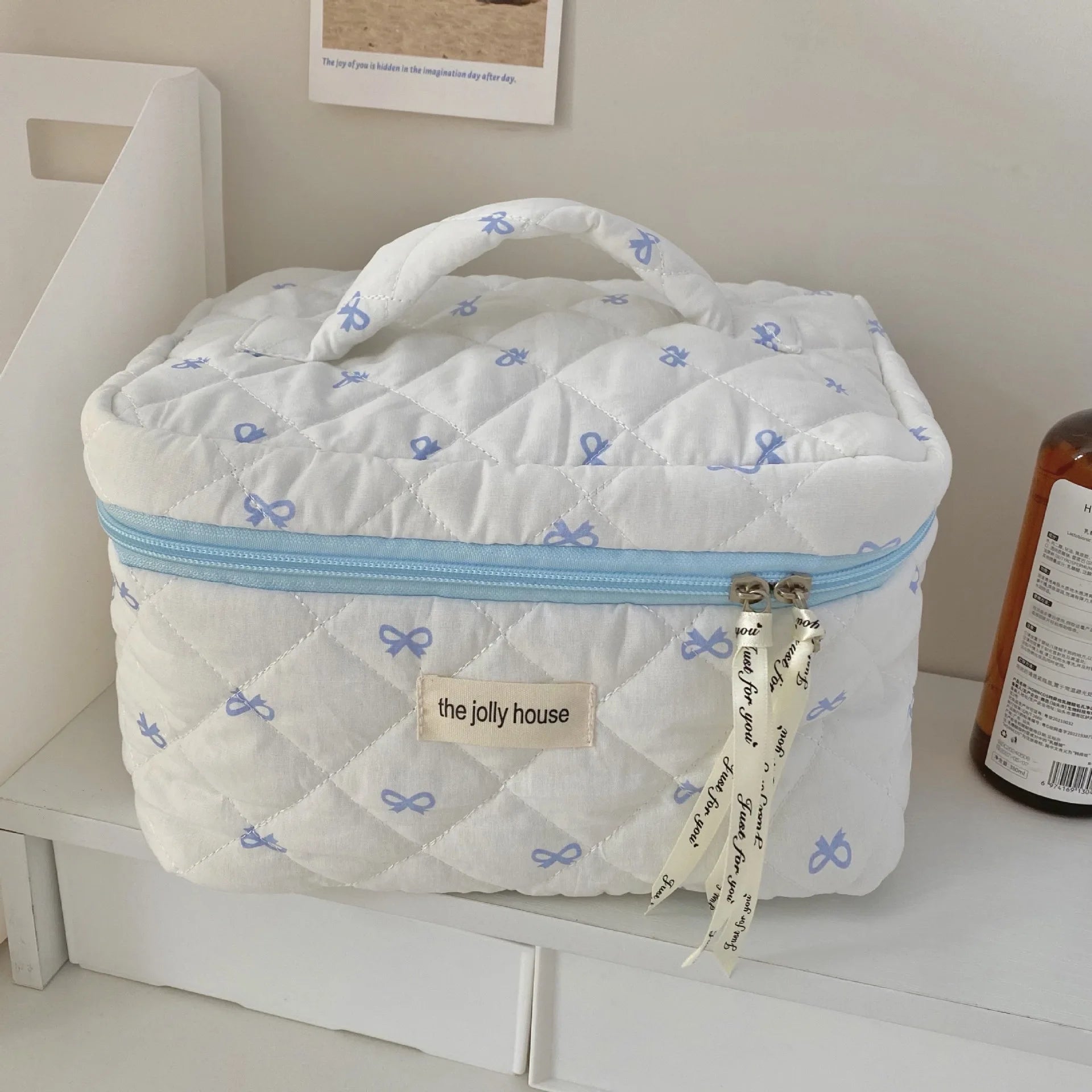 Fashion Cherry Tote Women Makeup Bag Portable Cute Ladies Cosmetic Toiletry Storage Pouch Handbag Cotton Quilted Zipper Bag