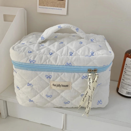 Fashion Cherry Tote Women Makeup Bag Portable Cute Ladies Cosmetic Toiletry Storage Pouch Handbag Cotton Quilted Zipper Bag