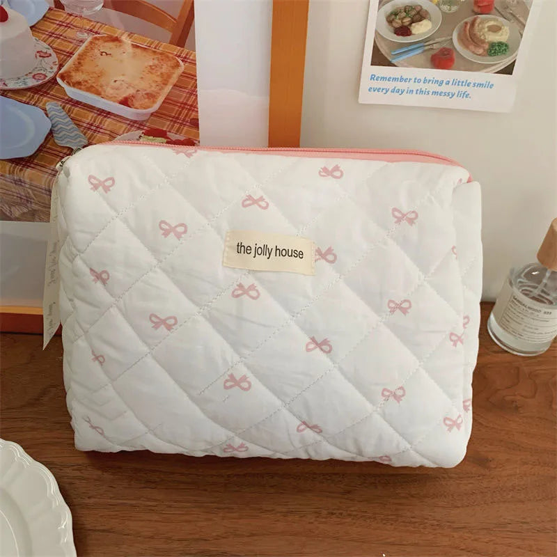 Fashion Cherry Tote Women Makeup Bag Portable Cute Ladies Cosmetic Toiletry Storage Pouch Handbag Cotton Quilted Zipper Bag