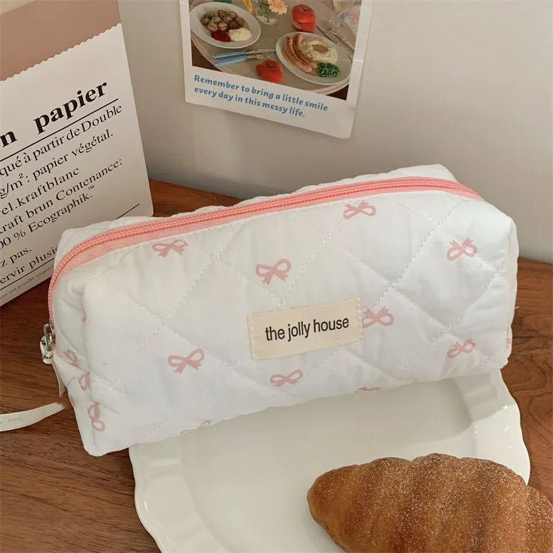 Fashion Cherry Tote Women Makeup Bag Portable Cute Ladies Cosmetic Toiletry Storage Pouch Handbag Cotton Quilted Zipper Bag