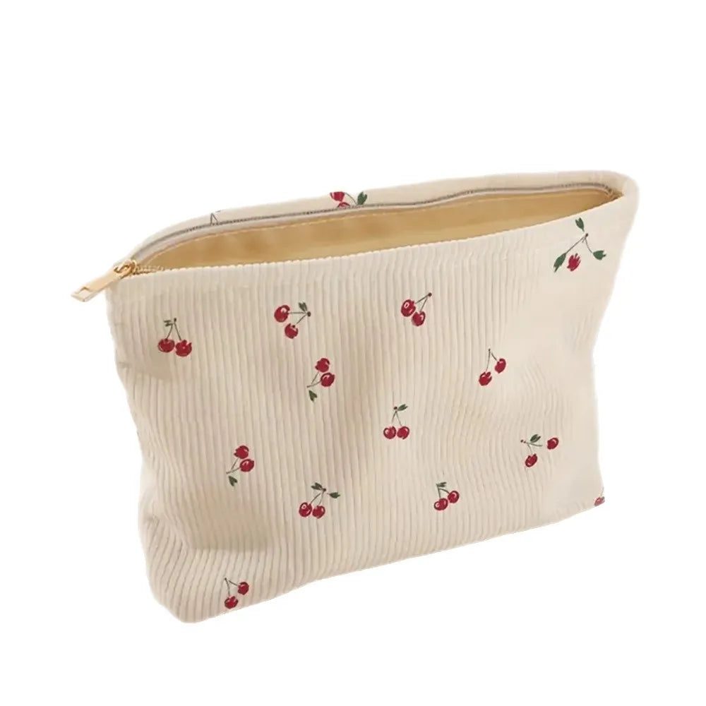 Hand Painted Cherry Corduroy Zipper Makeup Bag Lightweight Travel Toiletry Pouch Bohemian Style Cosmetic Organizer