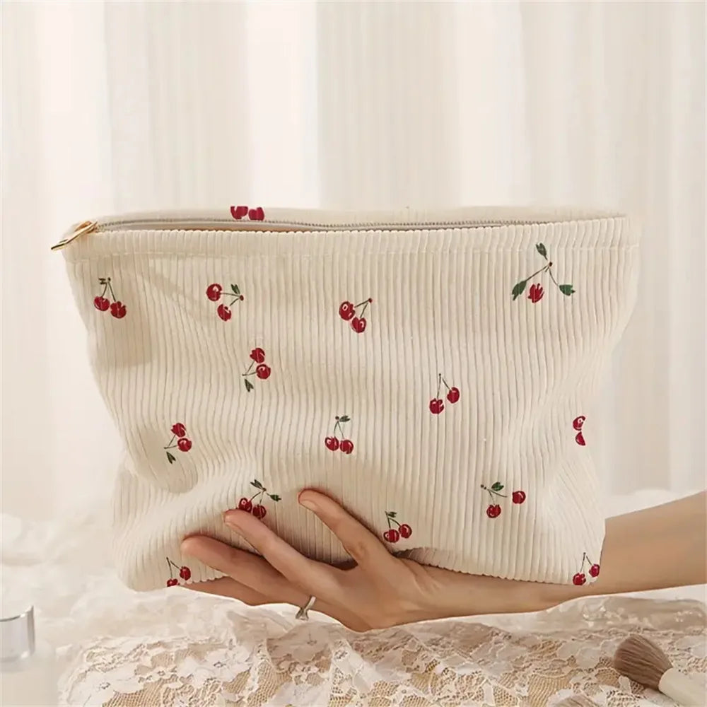Hand Painted Cherry Corduroy Zipper Makeup Bag Lightweight Travel Toiletry Pouch Bohemian Style Cosmetic Organizer