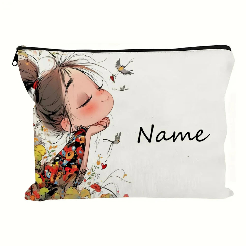 Custom Name Vintage Cute Girl Pattern Makeup Bag Handbag Toiletry Bag Pencil Case Holiday Gift Cosmetic Bag