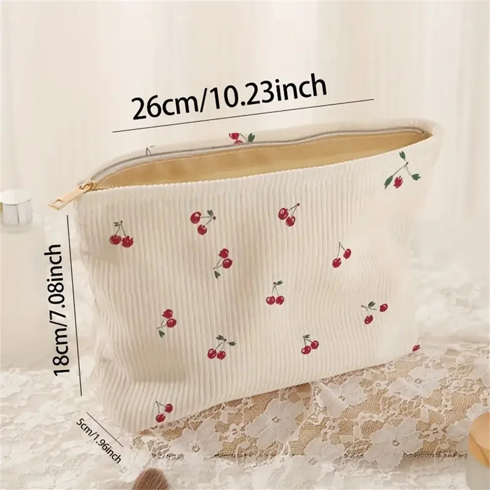 Hand Painted Cherry Corduroy Zipper Makeup Bag Lightweight Travel Toiletry Pouch Bohemian Style Cosmetic Organizer