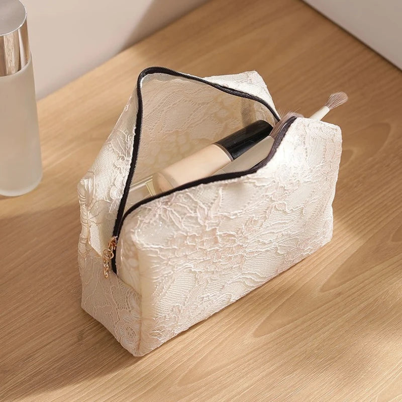 Lace Mesh Women's Makeup Bag Large Capacity Cosmetic and Jewelry Organizer Bag Zipper Square Portable Toiletry Bag