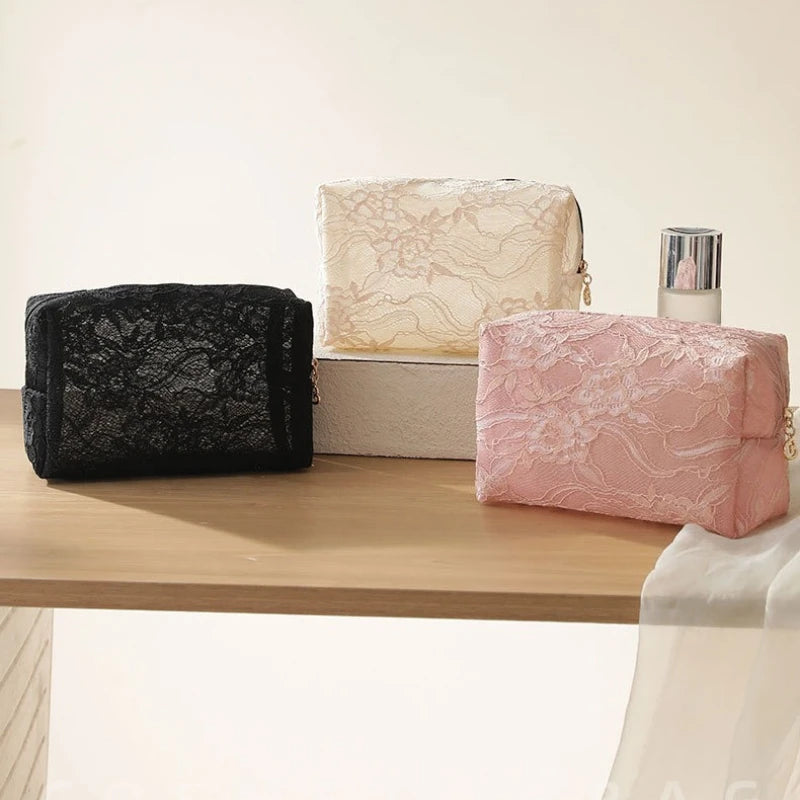 Lace Mesh Women's Makeup Bag Large Capacity Cosmetic and Jewelry Organizer Bag Zipper Square Portable Toiletry Bag